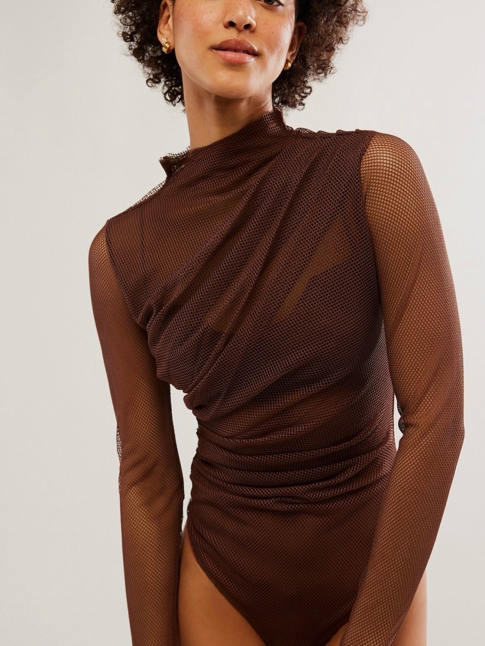 Free People Chocolate Brown Sheer Mesh Long-Sleeve Bodysuit